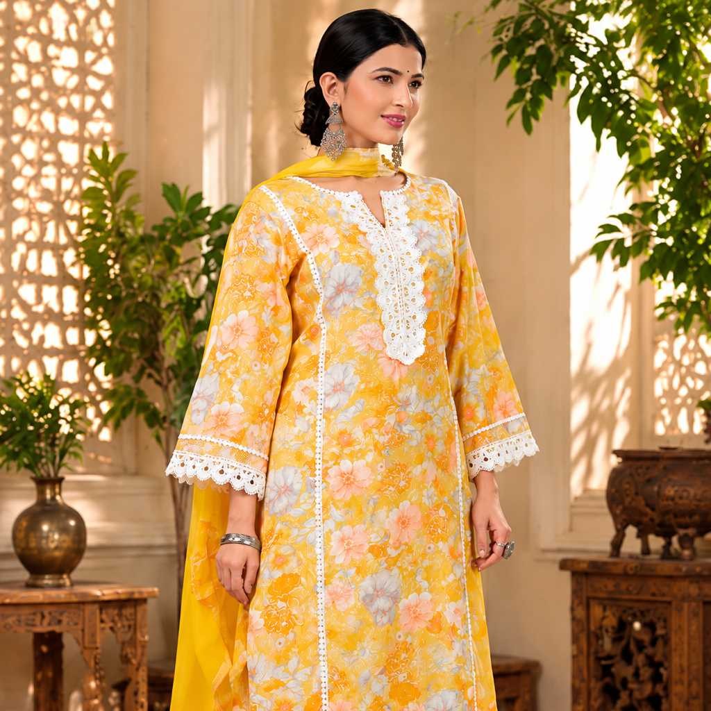 Yellow Floral Printed Kurta Set with Lace Work - Image 3