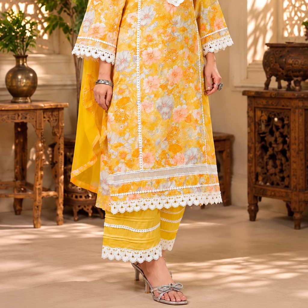 Yellow Floral Printed Kurta Set with Lace Work - Image 5