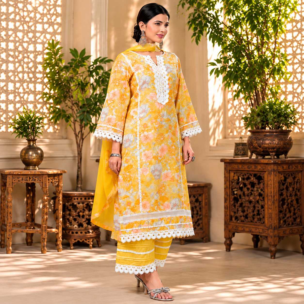 Yellow Floral Printed Kurta Set with Lace Work - Image 1