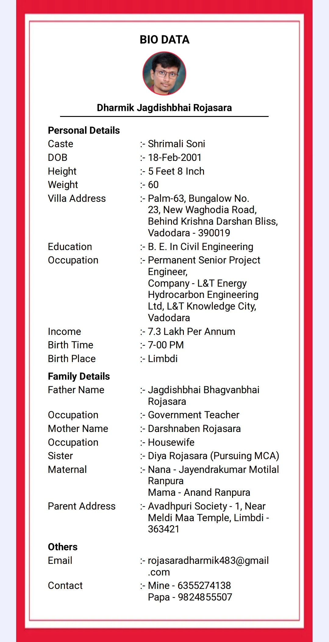 Vadodara - શ્રીમાળી સોની ના બાયોડેટા