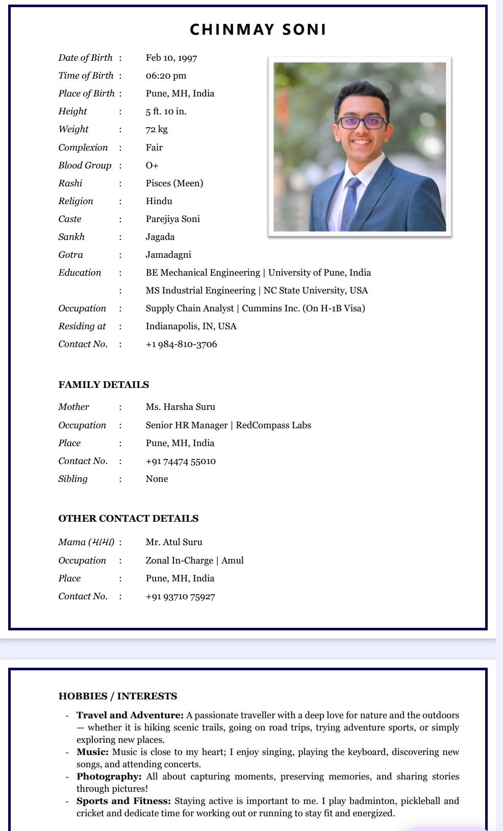 NRI - શ્રીમાળી સોની ના બાયોડેટા