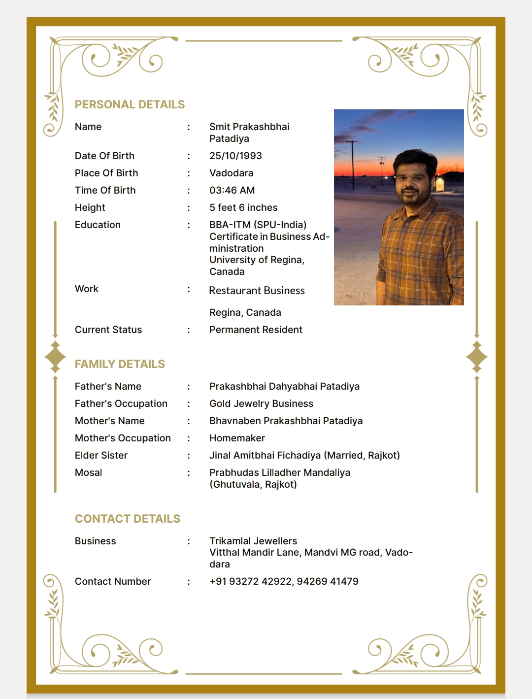 NRI - શ્રીમાળી સોની ના બાયોડેટા