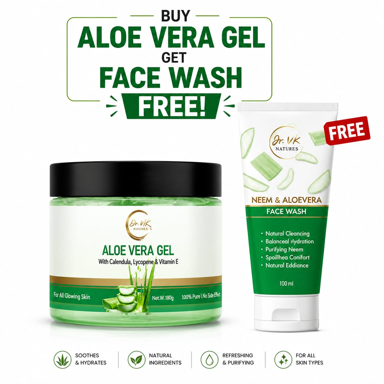 BUY MEDICATED ALOE VERA GEL & GET FACE WASH FREE! 🌿💚
With Lycopene + Calendula + Vitamin E ✨
🫧 Soothes • Hydrates • Refreshes
🔥 Grab this LIMITED-TIME COMBO & Glow Naturally!