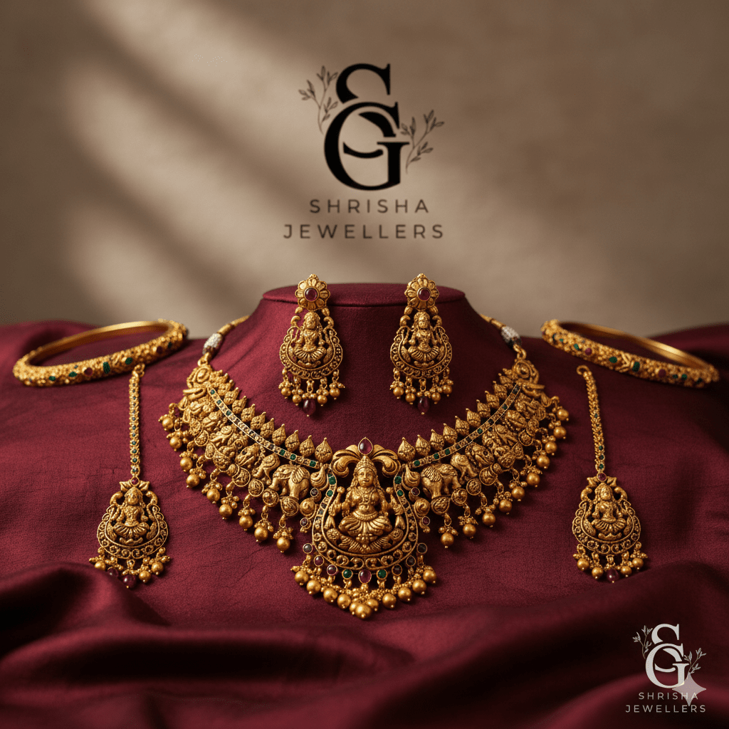 Shrisha Jewellers presents traditional gold necklace sets inspired by rich Indian heritage. Designed for weddings, festivals, and special occasions, each piece showcases detailed craftsmanship and timeless elegance
