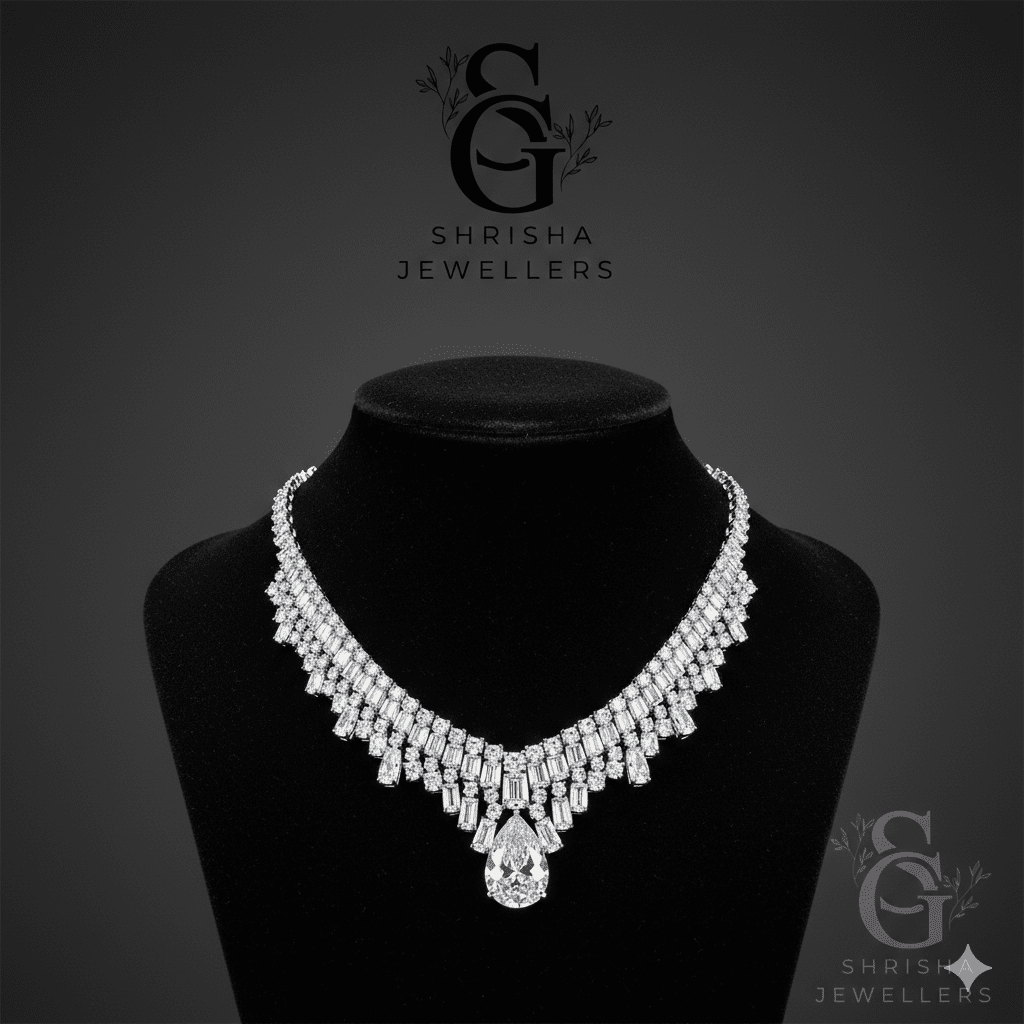 Modern diamond necklaces by Shrisha Jewellers crafted for elegant western wear. Minimal designs with brilliant shine, perfect for parties, evenings, and premium lifestyle fashion.
