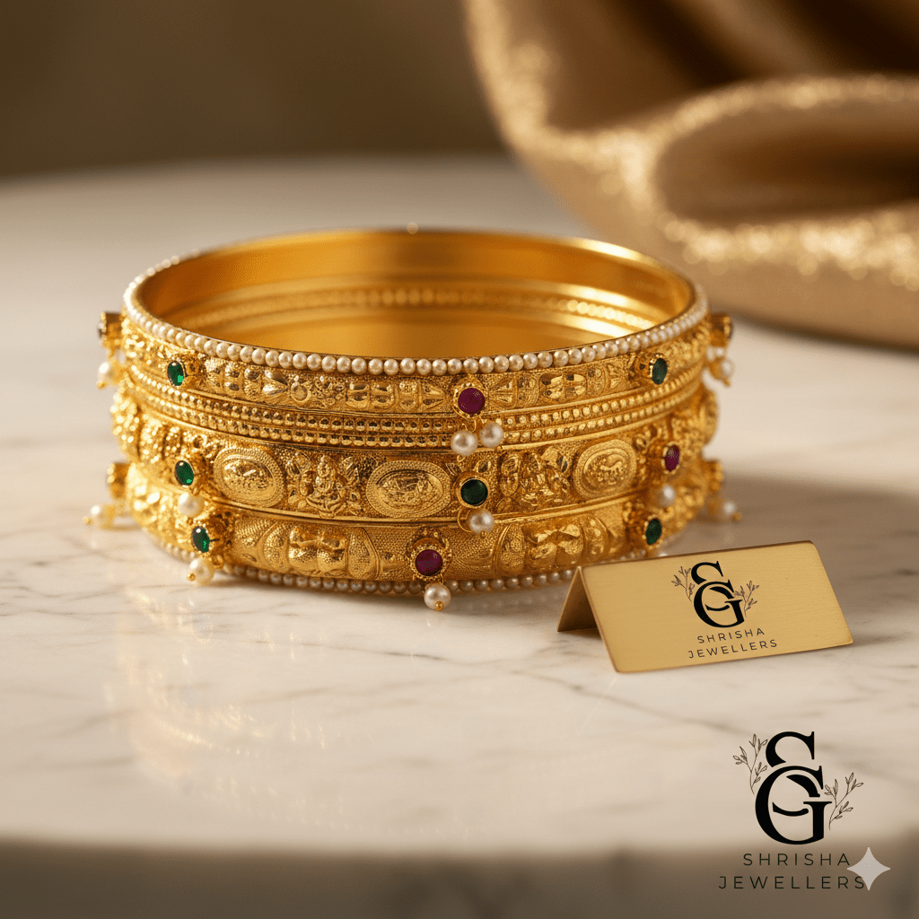 Shrisha Jewellers offers finely crafted gold bangles and kadas suitable for daily wear, festive moments, and traditional ceremonies, combining comfort with classic beauty.