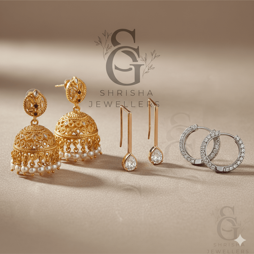 From traditional jhumkas to modern western styles, Shrisha Jewellers earrings collection is designed to complement every outfit with grace, comfort, and refined beauty.