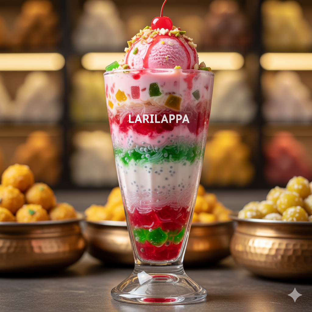 Classic royal faluda prepared with milk, rose syrup, basil seeds, vermicelli and ice cream.