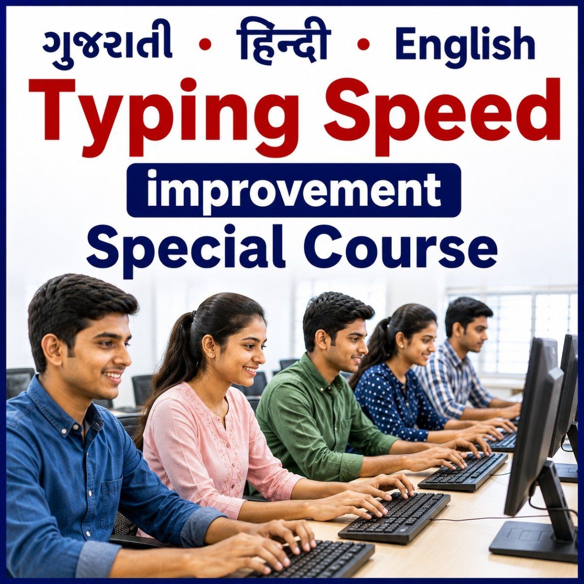 Improve your typing speed and accuracy in Gujarati, Hindi and English with practical training for education, office work and career opportunities.