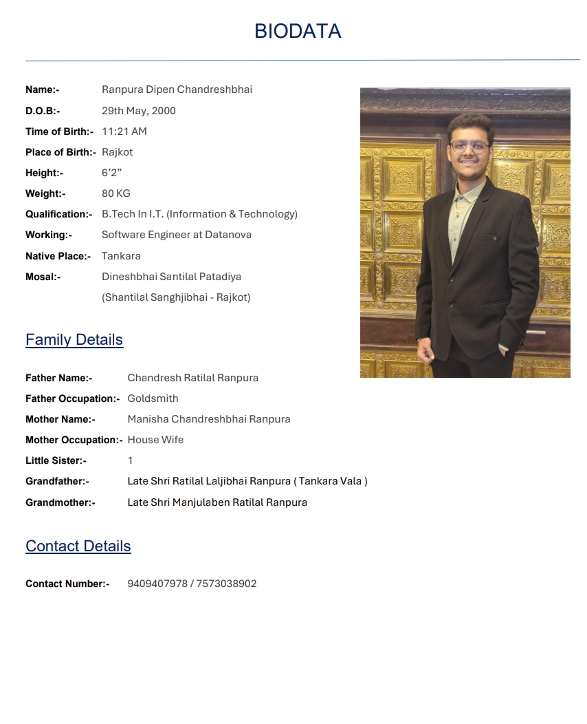 શ્રીમાળી સોની રાજકોટ શહેર ના બાયોડેટા