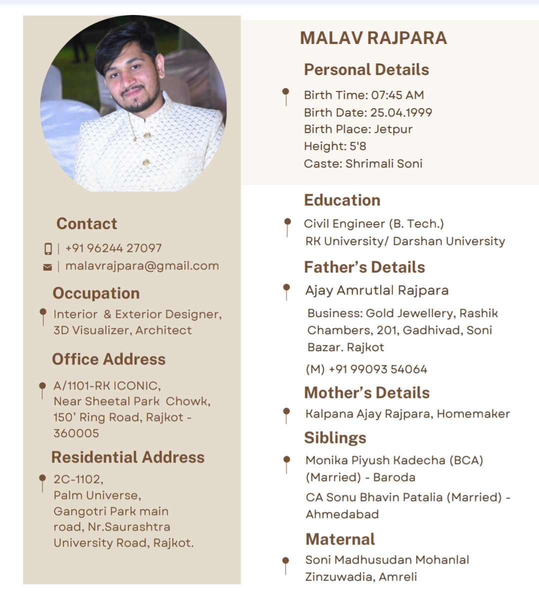 શ્રીમાળી સોની રાજકોટ શહેર ના બાયોડેટા